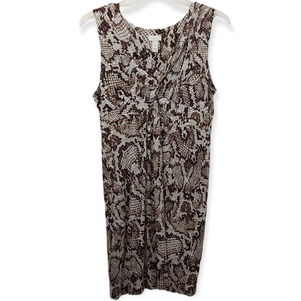 Chico's Women's Size 2 Medium Dress Sleeveless Midi Brown White Snakeskin